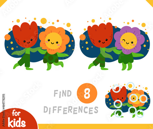 Find differences educational game, Cartoon characters flowers dancing