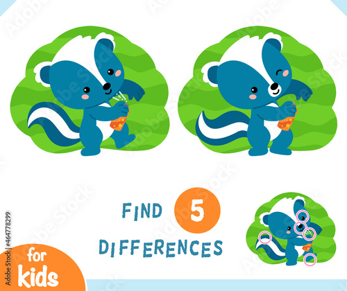 Find differences educational game, Cartoon characters skunk