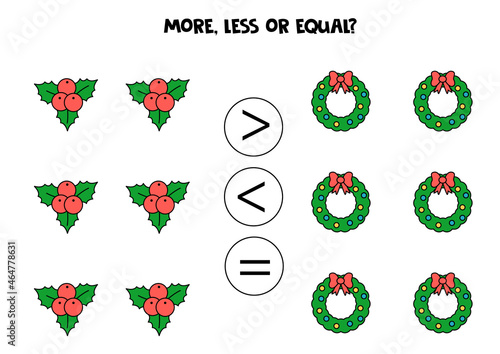 More, less, equal with Christmas holly and wreath. Math comparison.