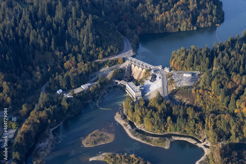 Aerial view from airplane of a water dam by Hayward Lake. Taken near Mission, East of Vancouver, British Columbia, Canada.
