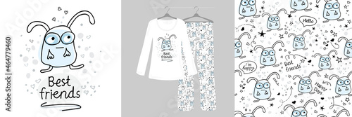 Cute rabbits, cartoon animals on a white background. Seamless pattern for girls, women. Women's designer pajamas. Typography of clothes, shirts, t-shirts. Hand-drawn.