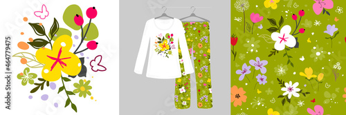 Floral graphic design doodles on white background. Seamless pattern for children, girls, women. Women's, designer pajamas.