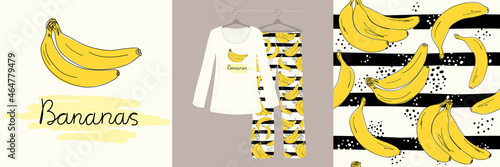 Seamless pattern and illustrations for children, girls, women with bananas on a white background. Cute, ladies, designer pajamas.