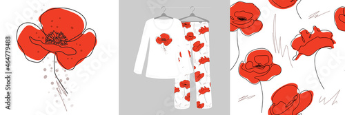 Poppies flower continuous line drawing on white background. Seamless pattern for children, girls, women. Women's, designer pajamas.