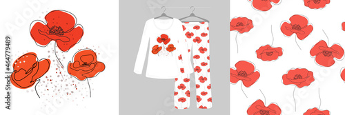 Poppies flower continuous line drawing on white background. Seamless pattern for children, girls, women. Women's, designer pajamas.