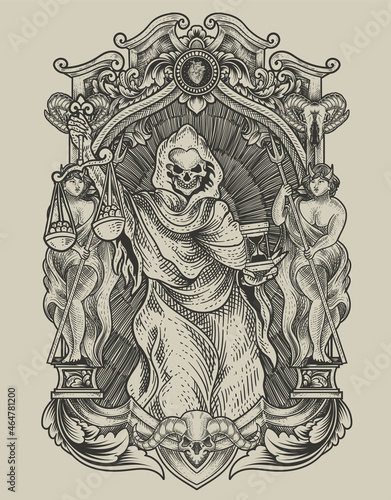 illustration justice death angel with vintage engraving ornament