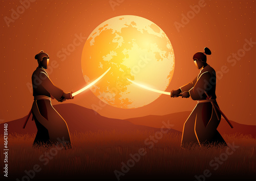 Two Samurai in duel stance facing each other on grass field