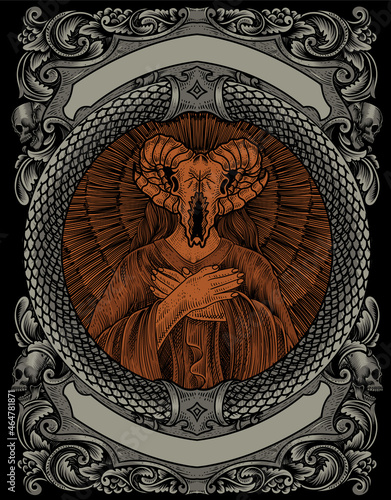 illustration satan goat skull with engraving ornament frame