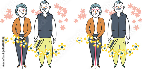 杖を持つ妻と帽子を持つ夫のシニアカップル　セット　イラスト素材

