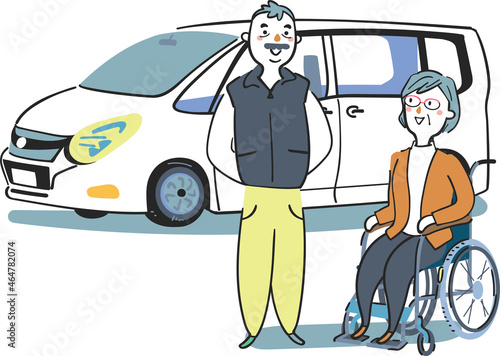 ワンボックスが―の前の車椅子に座る妻と夫のシニアカップル　セット　イラスト素材	
