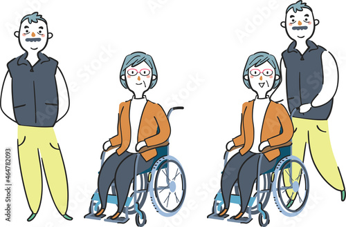 車椅子に座る妻と寄り添う夫のシニアカップル　セット　イラスト素材
