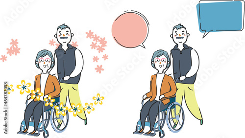 ワンボックスが―の前の車椅子に座る妻と夫のシニアカップル　セット　イラスト素材	
