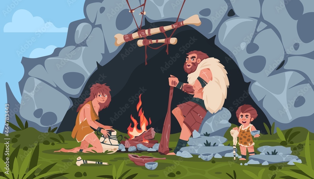 Ancient people scene. Cartoon background with prehistoric stone age family.  Wooden hut and cave. Rock or bone tools and weapon. Paleolithic  civilization persons. Vector parents and kid Stock Vector | Adobe Stock