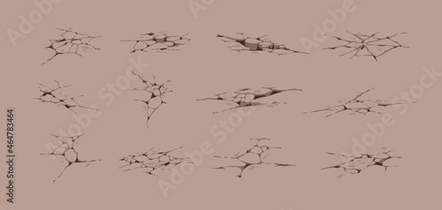 Earthquake crack. Hole in ground and wall. Cartoon destruction effect. Concrete break and natural canyon cleft. Earth fractures set. Damaged surface with fissures. Vector land erosion