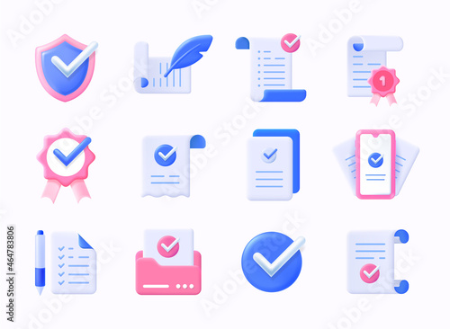 Realistic check icons. 3D plastic approve symbol and quality guarantee certificate. Document agreeing and signing offer. Emblems mockup with checkmarks and papers. Vector signs set