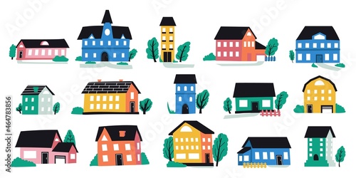 Abstract town buildings. Doodle city houses with tiny roofs, windows and small brick elements. Urban architecture. Residential construction. Cottage facades. Vector hand drawn outdoor set