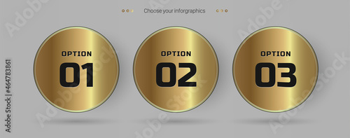 THREE Golden OPTIONs of infographic in thee modern CIRCLES of chart with Golden option pannel on dark background, used in finance and business objects Templates design.eps
