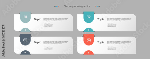 FOUR OPTIONs of infographic Process and modern chart with Blue. orange, grey, white Circle option pannel on dark background, used in finance and business objects design.eps
