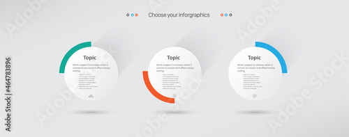THREE Steps of infographic Process or chart with Blue. orange, grey, white Circle option pannel on white background and Infographic template with 3 opions or steps design.eps

