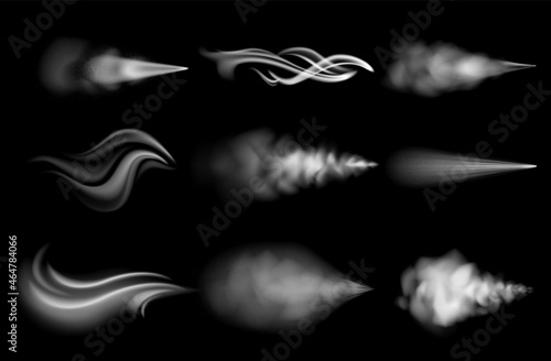 Realistic air blow. Wind flow and dust spray effect. Curve shapes of steam blast. Fog and smoke haze. White vapor or gas. Puff sprayer trails. Vector transparent fume templates set