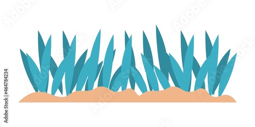 Cartoon green grass and sea plant. Aquarium decoration template. Underwater botanical elements. Seaweeds growing in sand. Field herbs. Lawn spring greenery. Vector meadow flora mockup