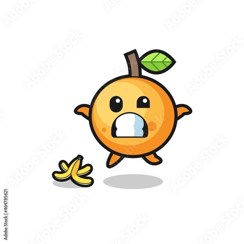 orange fruit cartoon is slip on a banana peel