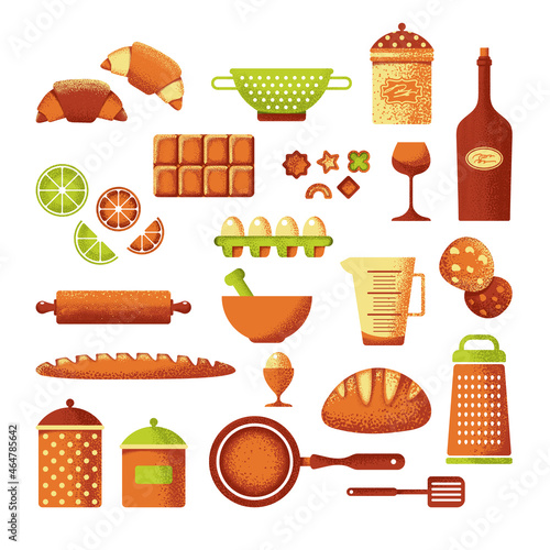 Set of food icons, bakery, kitchen equipment, utensil. Isolated objects on white background. A set of items on the theme of cooking. Cartoon illustration about food and cooking.