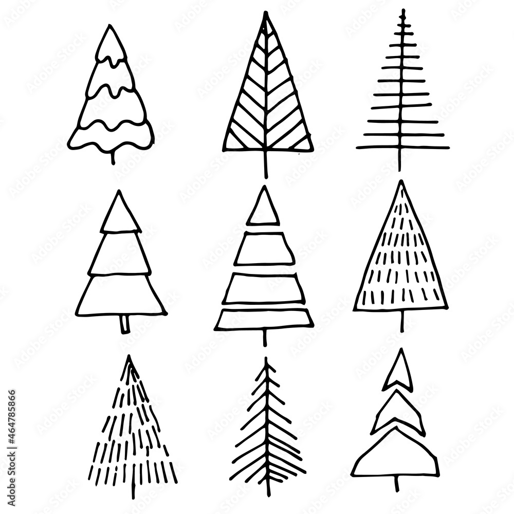 simple vector doodle style drawing. set with abstract Christmas trees. collection for the holidays, new year christmas.