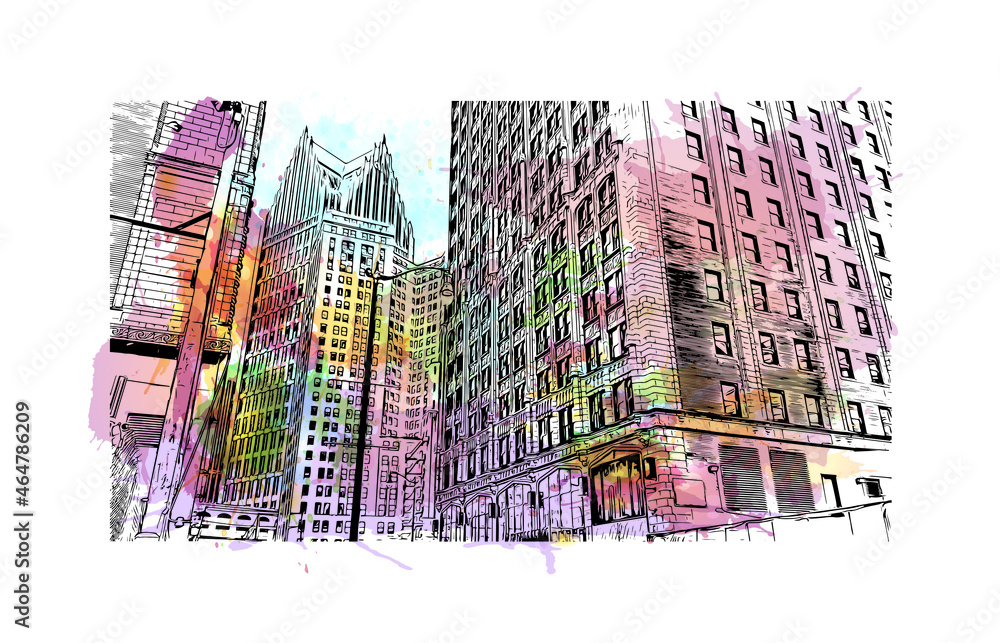 Fototapeta premium Building view with landmark of Detroit City is the city of United States.Watercolor splash with Hand drawn sketch illustration in vector.