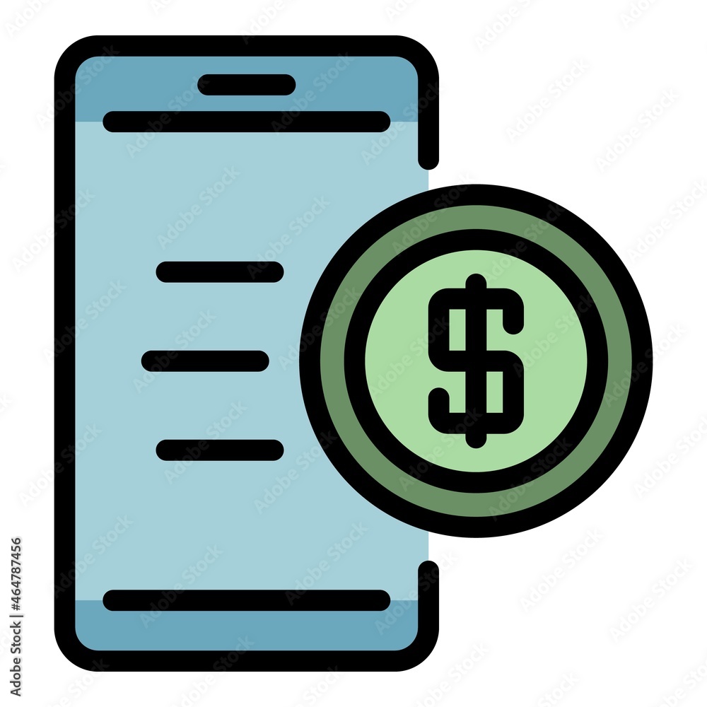 Coin money phone icon. Outline coin money phone vector icon color flat isolated Coin money phone icon. Outline coin money phone vector icon color flat isolated