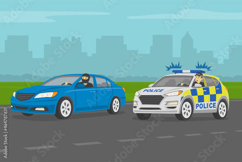Driving a car. Angry european traffic police officer chasing criminal in a car on the highway. Traffic speed control. Flat vector illustration template.