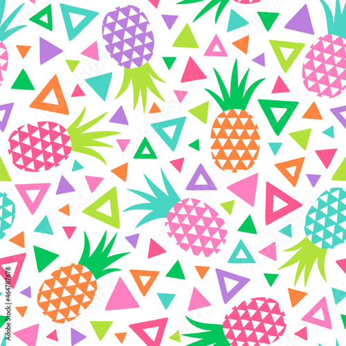 Colorful hand drawn pineapple and triangle seamless pattern background.