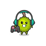 durian gamer mascot holding a game controller