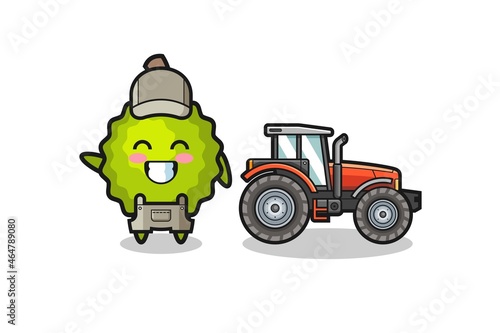 the durian farmer mascot standing beside a tractor