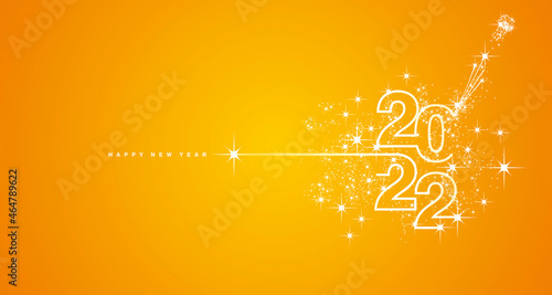 New Year 2022 line design typography firework champagne white orange yellow background vector