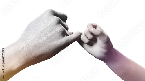 3D illustration of a close-up of a hand of an adult and a child twiddling their pinkies together on a white background. Promising gesture. photo