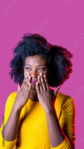 Young black woman bashful and embarassed giggling isolated advertising copyspace background