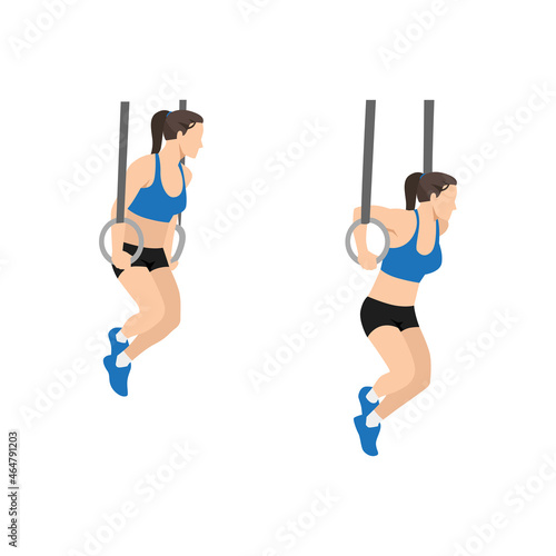 Woman doing Gymnastic ring dips exercise. Flat vector illustration isolated on white background
