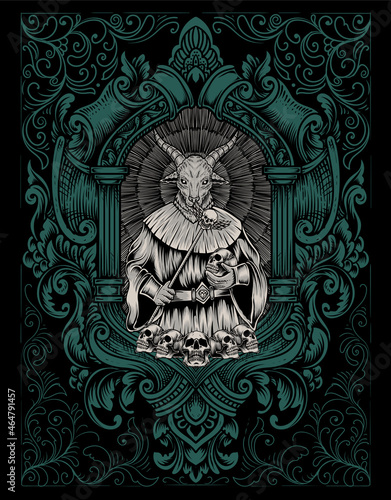 illustration scary baphomet on engraving ornament frame