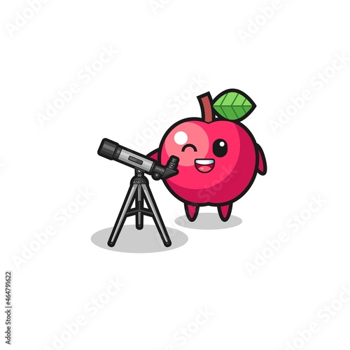 apple astronomer mascot with a modern telescope