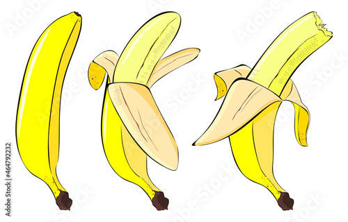 Bananas, tropical fruits. Peel the banana and take a bite. Cartoon illustration in vector.