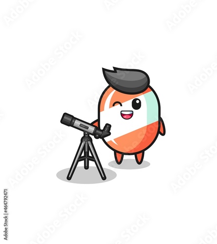 candy astronomer mascot with a modern telescope