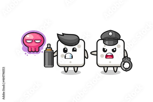 sugar cube cartoon doing vandalism and caught by the police