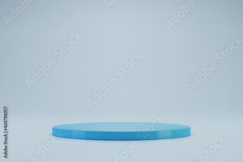 3D light blue circle podium on pastel background. Empty stage for product presentation. Realistic vector platform with free space. Minimalistic mockup design. Template of pedestal