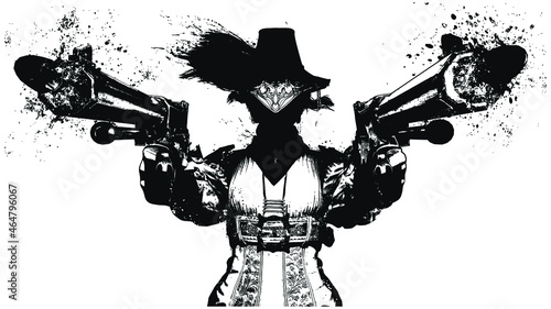 A beautiful slender woman in a hat makes a double shot from her pistols, in a dynamic pose with a strong perspicacity, she hides her face in the shadow of 2d expressive blob illustration