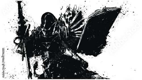 A sinister blob reaper with a huge sword and a thick open book, his head is hidden in the darkness of a hood, candles are burning on his shoulders, pouring wax on skulls. 2d expressive illustration