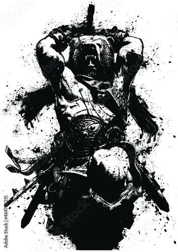 A fierce, muscular, mustachioed Viking in a helmet in the form of a bear runs into battle with a two-handed axe in his hands, in the middle in an ink circle. painted in a blob expressive style. 2d