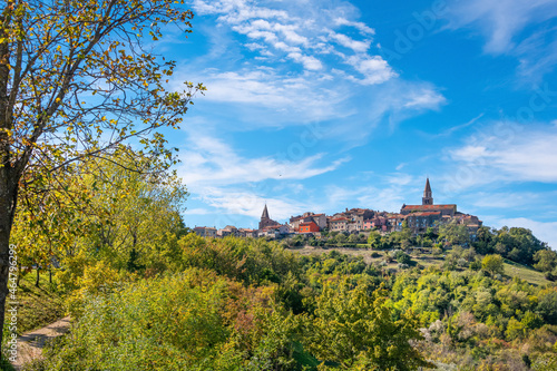 View on the medieval village Buje in Croatia on a also known as the "sentinel of Istria" for its hilltop site. The town developed from a Roman and Venetian settlement into a medieval town.