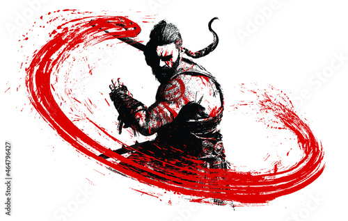 A muscular Viking makes a furious backhand blow with his axe, leaving a bloody splash in the air in the form of an arc, tattoos on his body, he is a bearded warrior, on a white background. 2d art