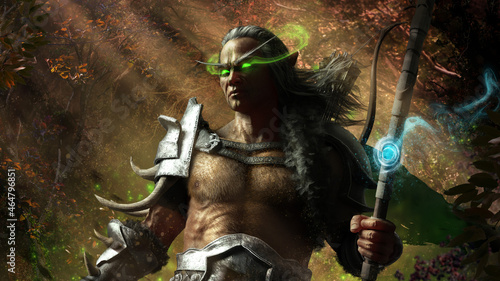 A brutal elf huntsman with a staff stands proudly on a hill, and looks menacingly ahead, he has a hairy muscular body with veins, he wears the armor of a savage, his eyes glow with magic. 3d rendering photo